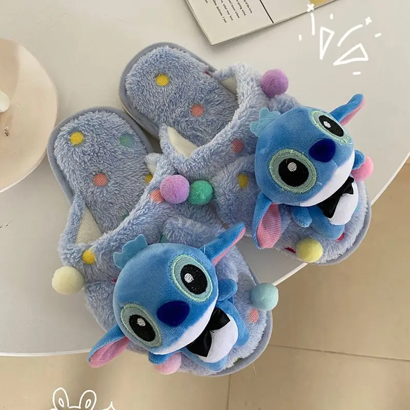 

Cute Cartoon Plush Slippers for Women's Winter Dormitory Warm Non Slip Home Shoes for Girls Hearts Stitch Couple Cotton Slippers