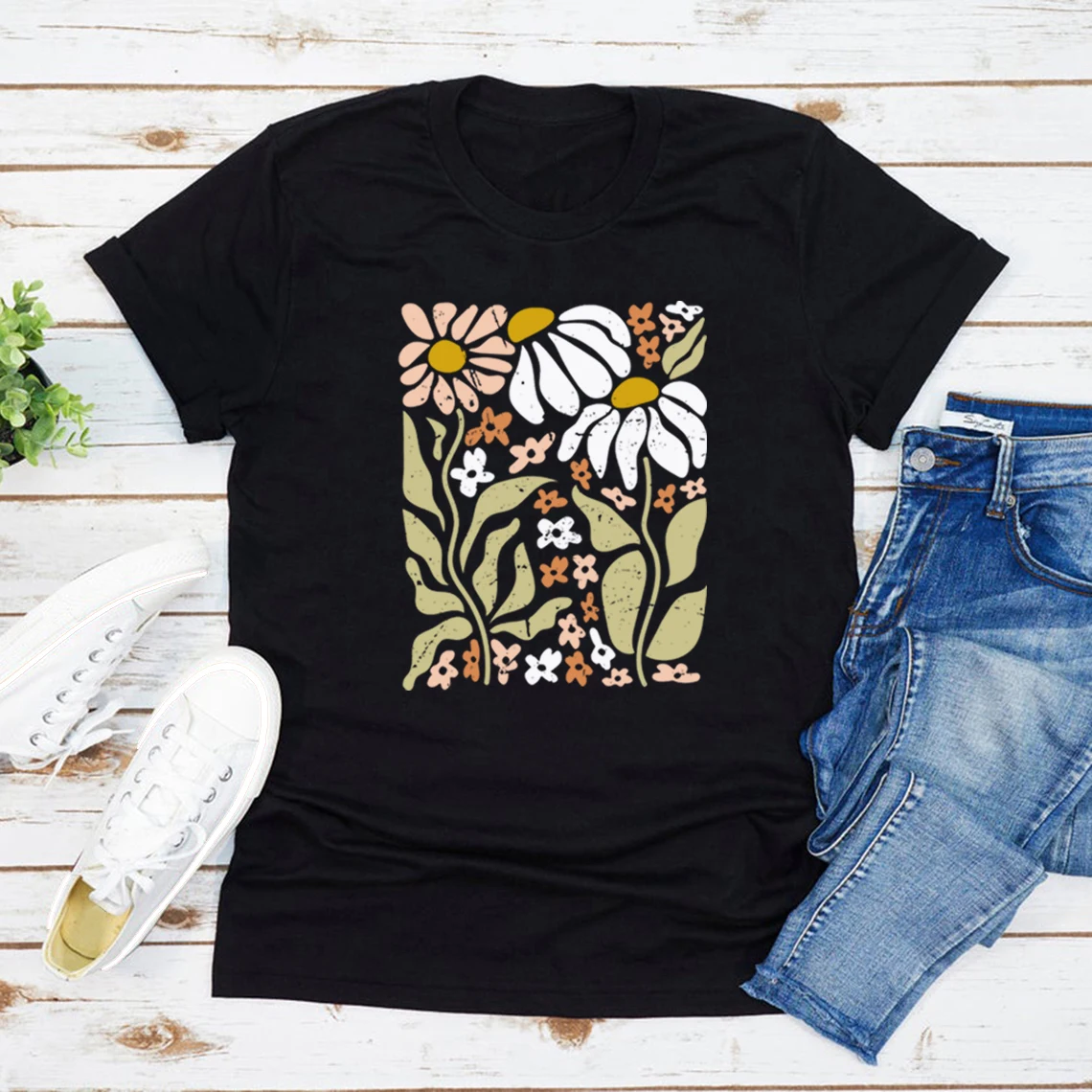 Camiseta flor selvagem boho flores silvestres floral natureza camisas vintage manga curta camisetas femininas flores selvagens roupas femininas