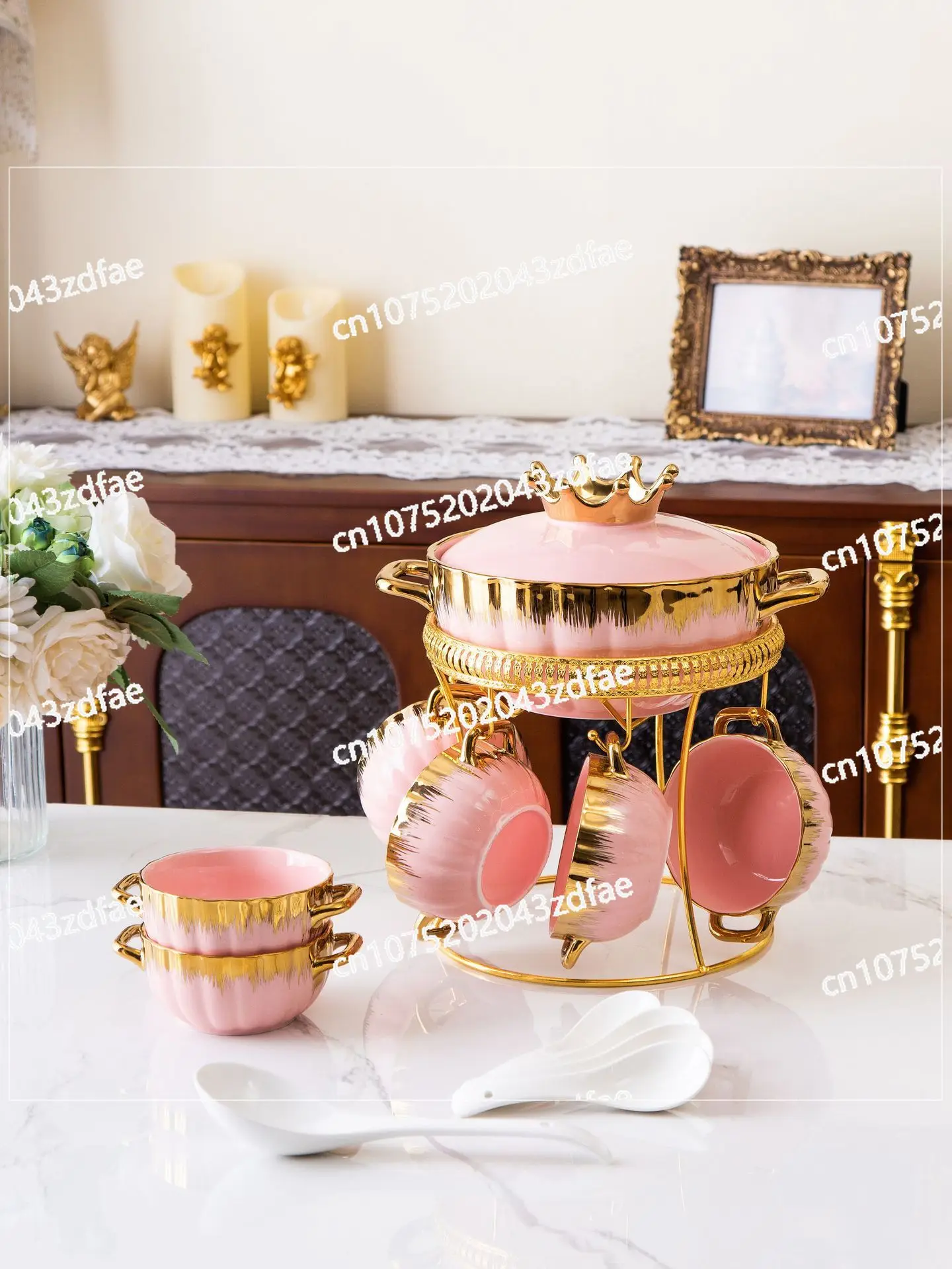 High-grade Light Luxury Binaural Striped Ceramic Soup Pot Set Tableware Phnom Penh Creative Ceramic Household with Lid