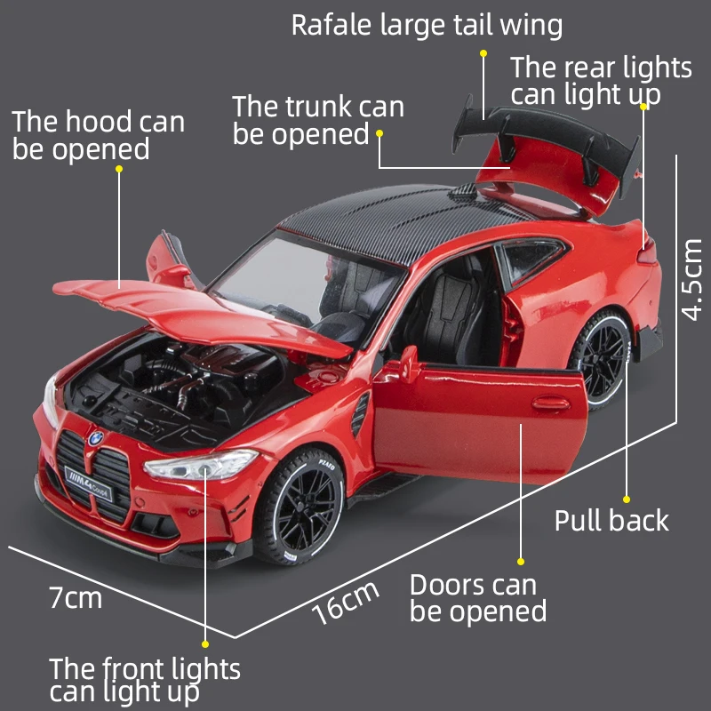 Coche deportivo de aleación de Metal fundido a presión para niños, vehículo de juguete con simulación de sonido y luz, escala 1:32, M4, regalos