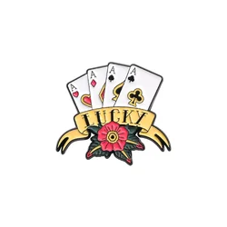 Lucky Poker 4 Ass Cards Flowers Enamel Pins Creative Playing Cards Brooches Backpack Lapel Badge Funny Jewelry Gift For Friends