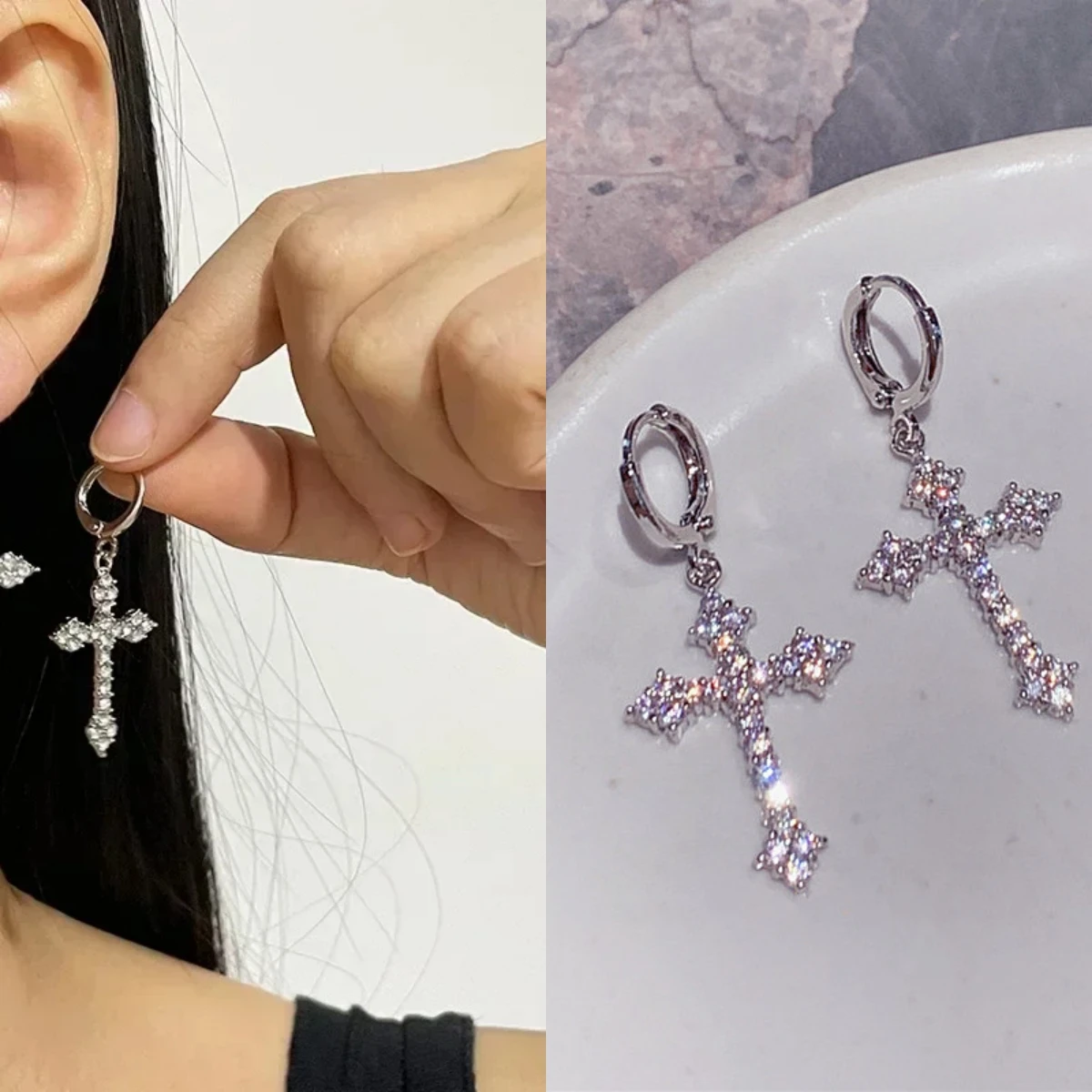 Korean Zircon Crystal Cross Earrings Women Drop Earrings for Gothic Punk Hip Hop Female Piercing Dangle Earrings Party Jewelry