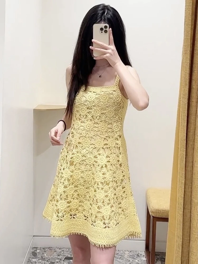 

Yellow hollow crochet knitted dress temperament elegant Slim halter women's dress 2025 summer new