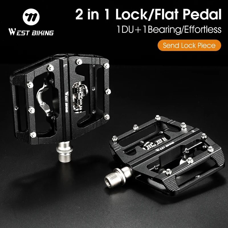 WEST BIKING 2 In 1 Bicycle Pedals MTB Road Bike SPD Self-Locking Pedal DU+Bearing Anti-slip Flat Pedals Cycling Part Accessories