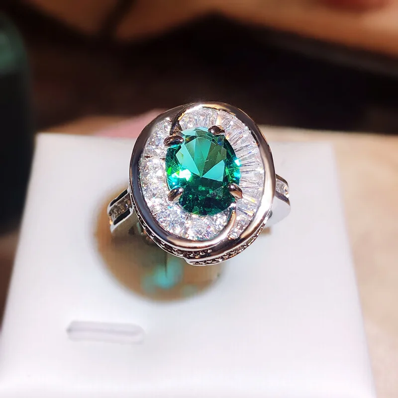 Round Emerald Stone Rings for Women Vintage Colorful 925 Sterling Silver Finger Ring Open Adjustable Jewelry Gift Bague Femme