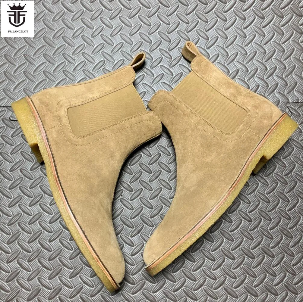 Factory Real Photo men suede leather boots slip on casual ankle booties male party shoes light yellow mens boot western cowboy