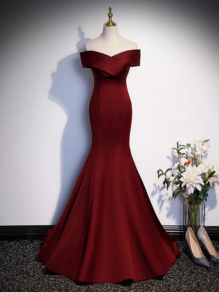 

Toast dress wine red fishtail 2024 new vocal art exam evening dress female annual meeting host one shoulder light wedding dress