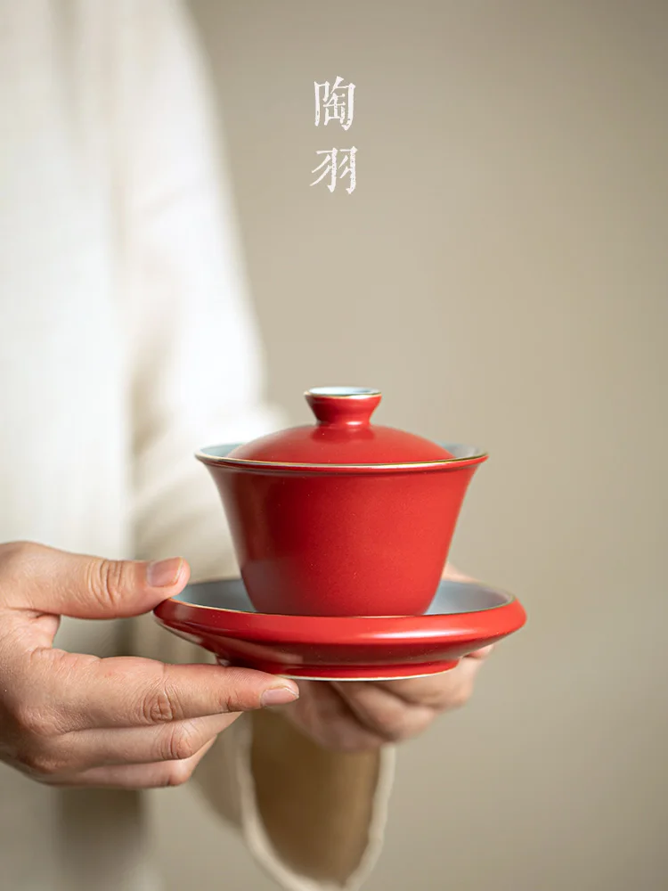 

Hawthorn Pig Oil Frozen Sancai Cover Sliced Ru Kiln Bowl Ceramic Chinese Red Anti Scalding Kung Fu Tea Set