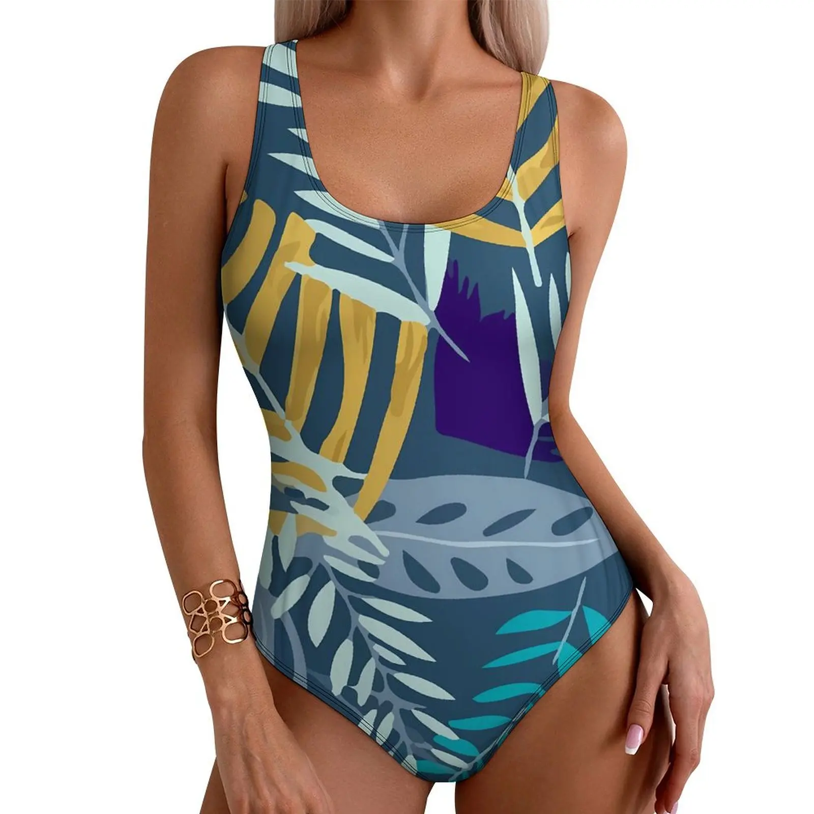 

Tropical Plants Swimsuit Colorful Leaves Print One-Piece Swimwear Push Up Vintage Monokini Sexy Surfing Design Beach Outfits