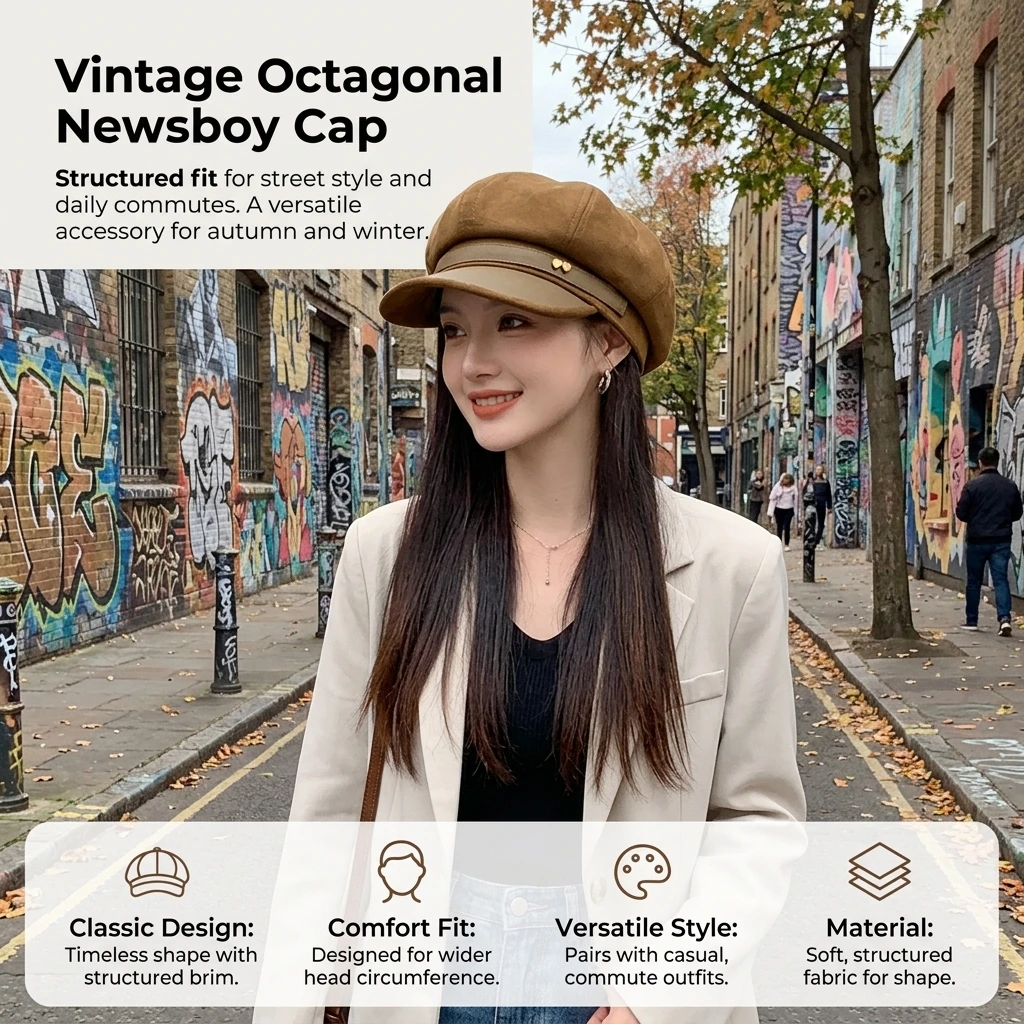 Polyester Newsboy Cap for Commute Women's Vintage Baker Boy Hat Wide Head Circumference Face Slimming Retro Cabbie Hat