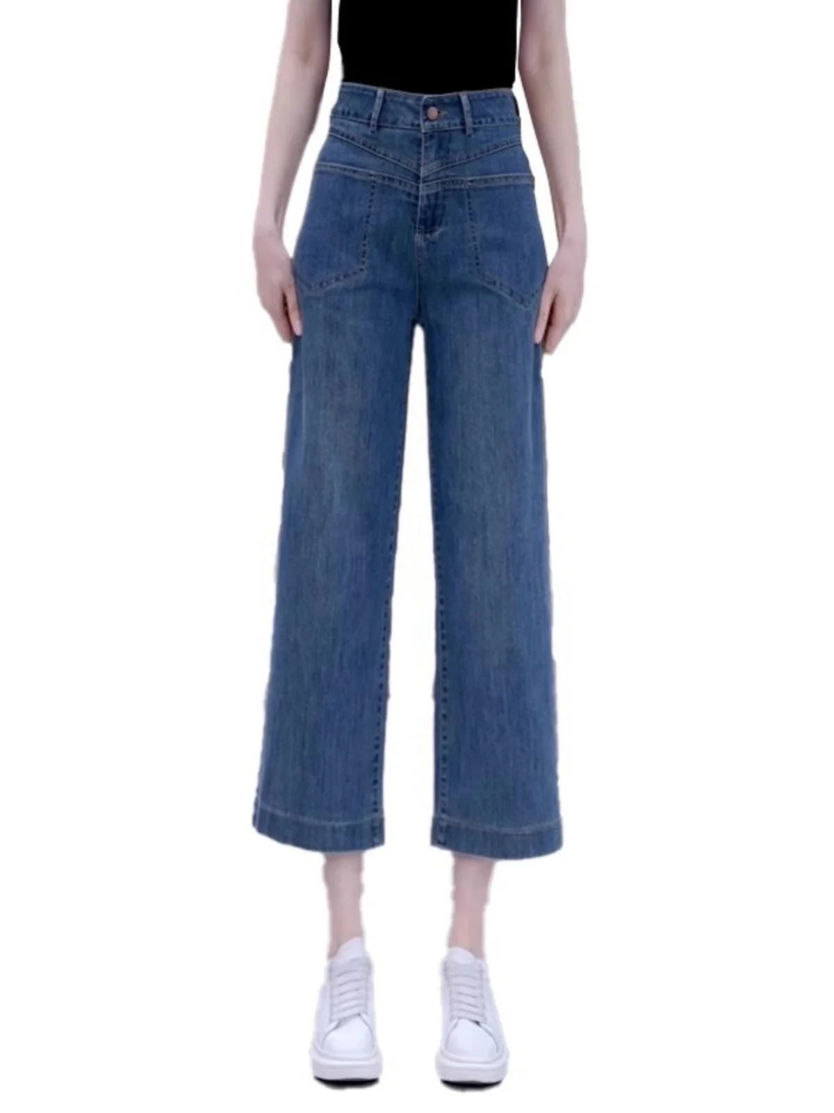 High Waist Wide Leg Jeans Women's Summer Thin New Sle Loose Straight Cut Pants Deep Blue Color Eighteen Length Denim Fabric