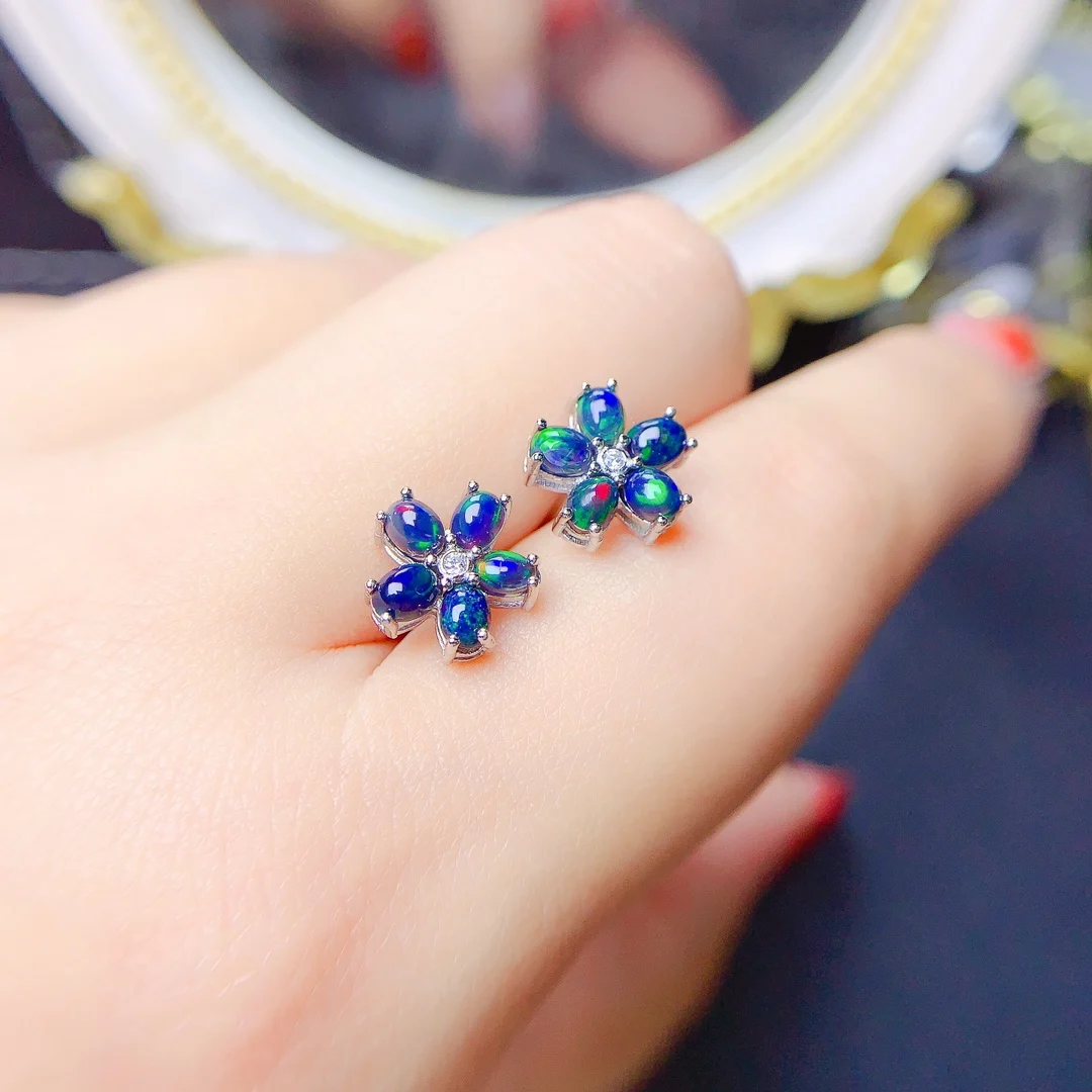 FS Natural 3*4mm Black Opal Flower Pendant Necklace Earrings Set S925 Pure Silver for Women Fine Weddings Charm Jewelry MeiBaPJ