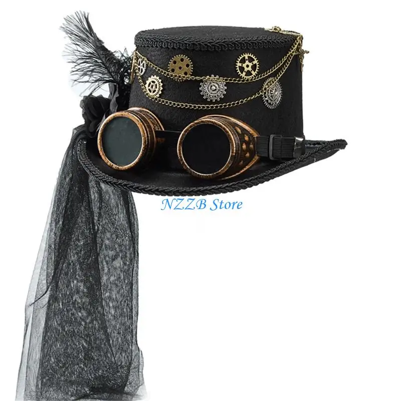 

T21F Steampunk Hat With Dark Series Flower and Veil Design For Theater Stage Performances Halloween Party Gathering Headwear
