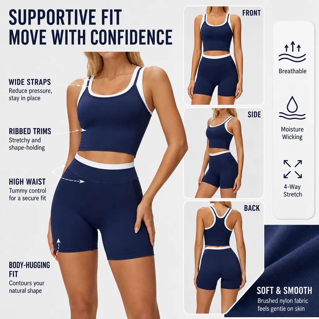 Women's 2-Piece Colorblock Wide Strap Longline Sports Bra & High Waist Shorts Set U-Neck Gym Yoga Activewear Outfit S-XL