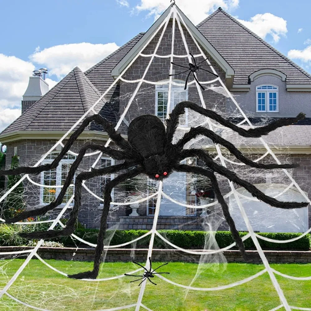 Halloween Large Black Tricky Plush Spider with Triangular Huge Spider Web Halloween Party Outdoor Yard Scary Props Decoration