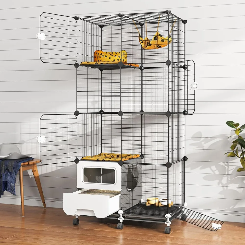 

Cat Cage Indoor with Litter Box 4-Tier Cat Playpen Detachable Metal Wire Kennel Crate Large Exercise Place Ideal