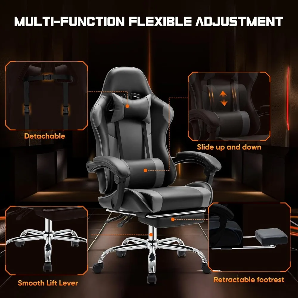 Ergonomic Gaming Office Chair with Footrest & Headrest, Adjustable Reclining Computer Desk Chair for Adults, Grey