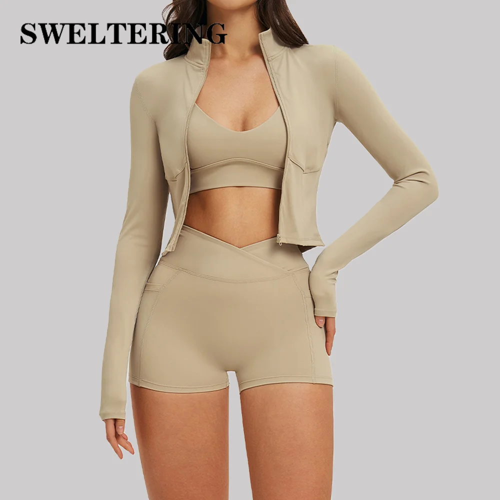 3PCS Yoga Suit Sports Set Women Tracksuit Fitness Set Sportswear Female Gym Long Sleeve Shockproof Sports Bra Set Athletic Wear