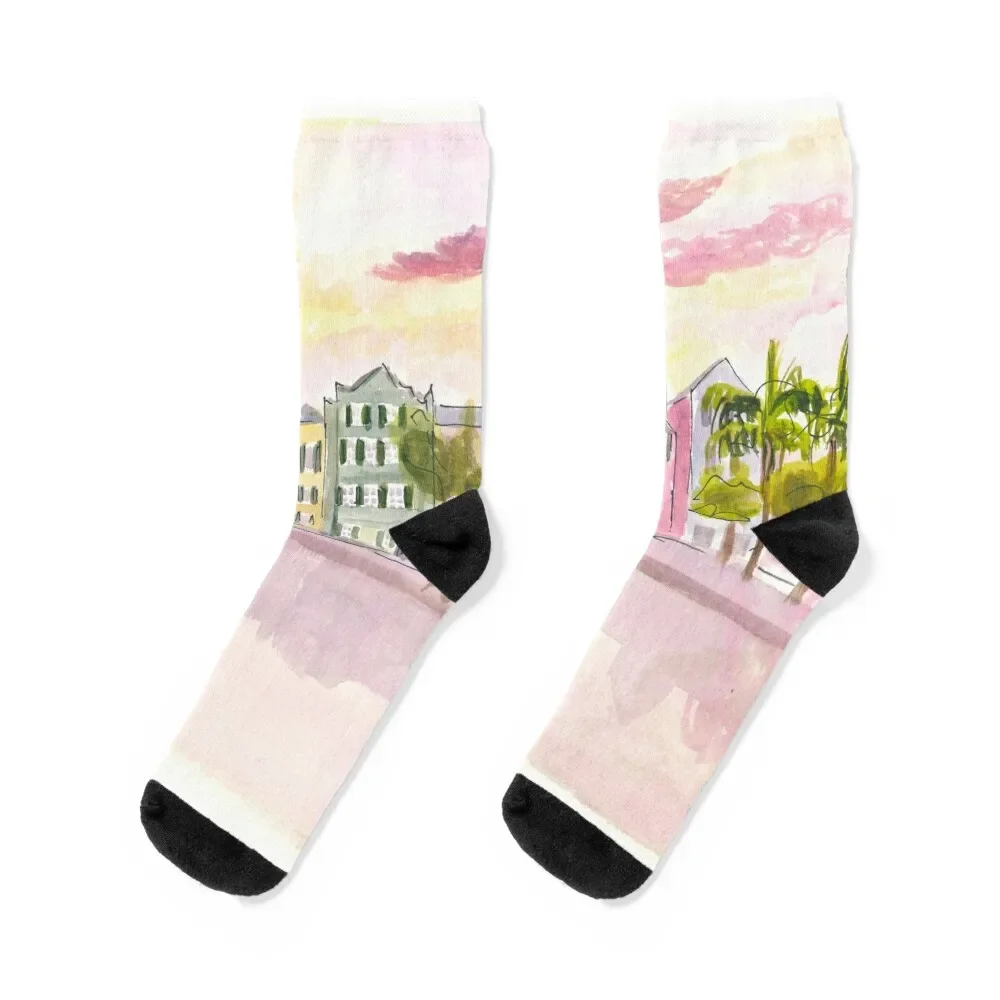 Rainbow Row Street Scene in Charleston South Carolina at Sunset Socks man bright garter Boy Child Socks Women's