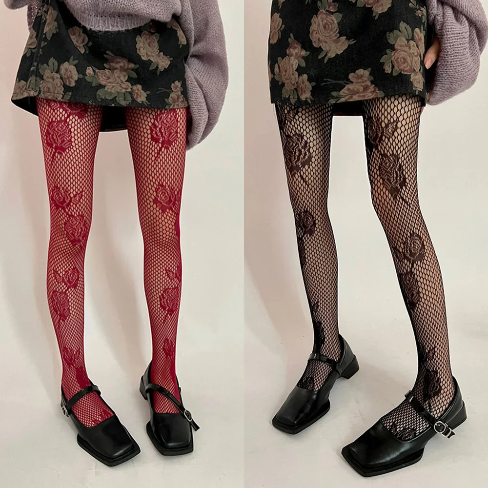 

Сексуальные женские жаккардовые ажурные колготки с цветочным принтом розы, ажурные сетчатые колготки в стиле Y2K, клубная одежда, подарок на день Святого Валентина