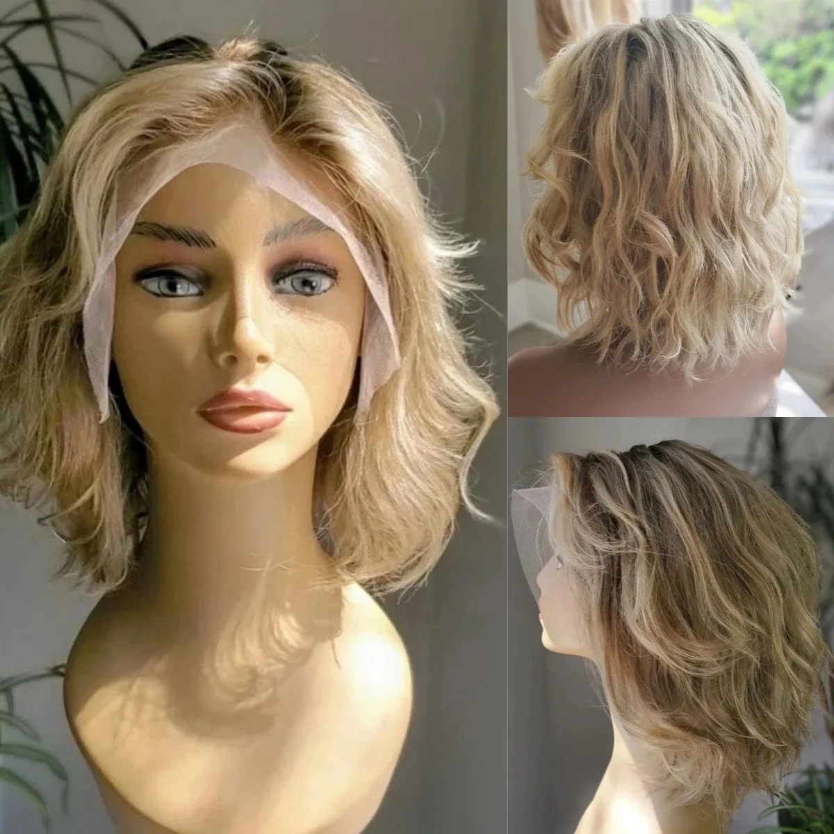 باروكة نسائية قصيرة أومبير تسليط الضوء على أشقر فاتح موجة المياه الاصطناعية الدانتيل الجبهة الباروكات مظهر واقعي شعري طبيعي تأثيري الباروكات #1