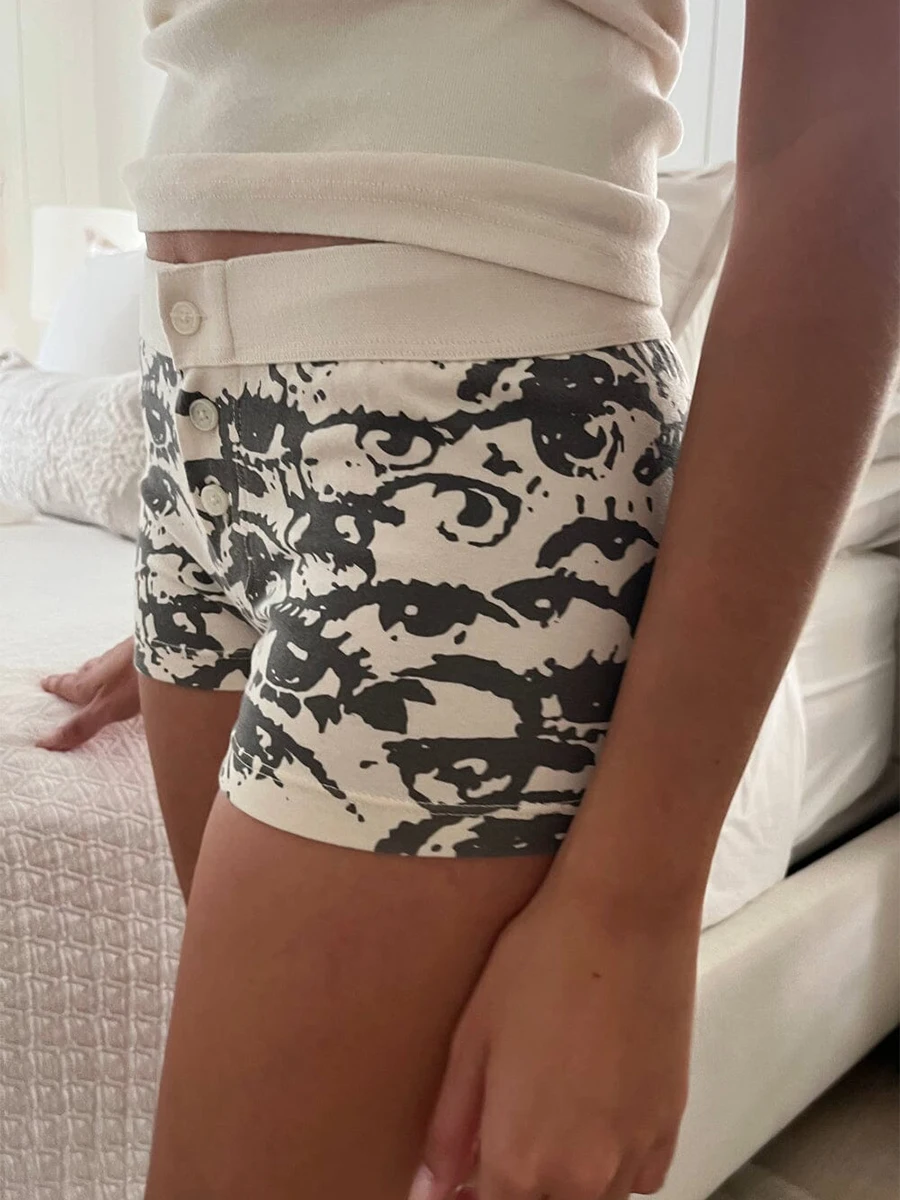 Loungeshorts voor dames, lage taille, knoopsluiting, bedrukte pyjamashorts, nachtkleding