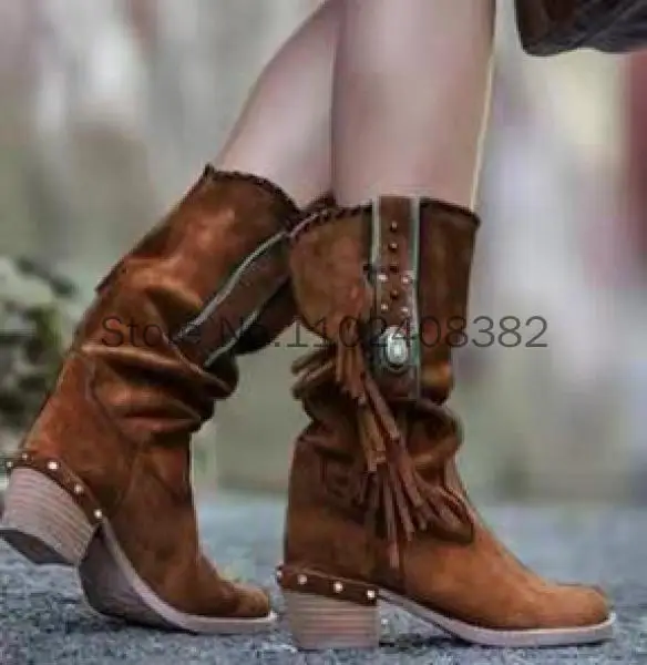 Medieval Bohemian Boots Women Ethnic Tassel Fringe Faux Suede PU Leather Mid Half Winter Boots Woman Square Heel Shoe Booties