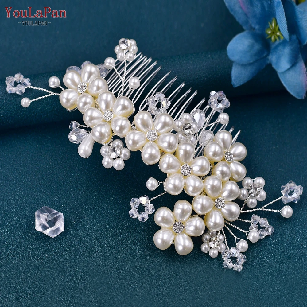 

TOPQUEEN Bridal Headpieces with Comb for Wedding Pearls Headwear Handmade Crystal Bridal Hair Clip Bridal Tiara Headdress HP05