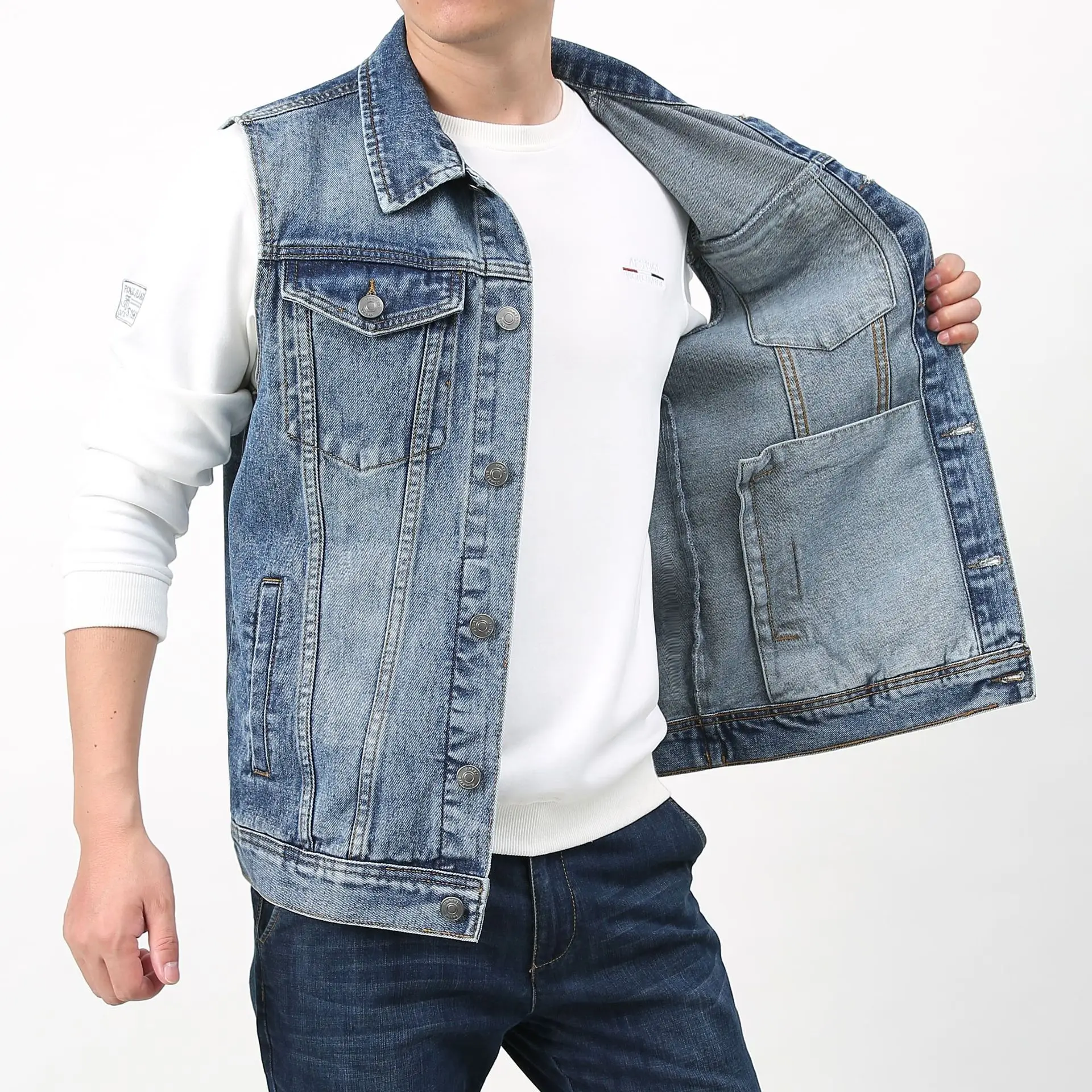 New Denim Vest Men's Retro Trend Jacket Large-Sized Middle-Aged Waistcoat, Pure Cotton Multi-Pocket Vest Men Asian Size 4X