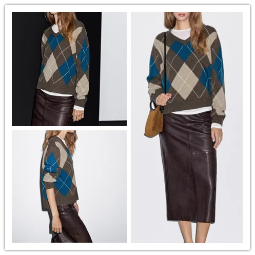 سترة محبوكة من American College Sle V-Ne بنمط ماسي ريترو للنساء قطعة واحدة لموسم خريف 2025 #1