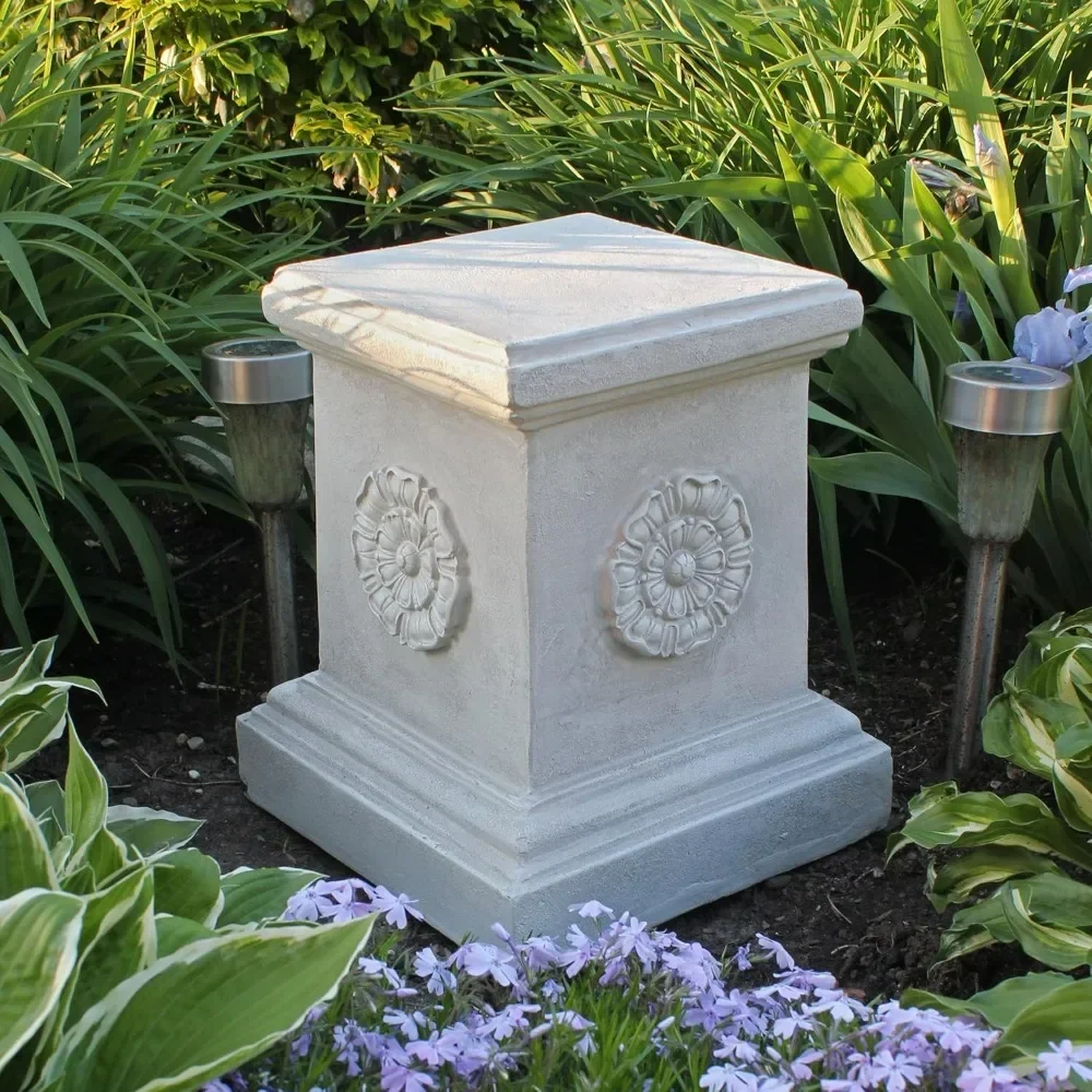 The pedestal statue of the English Rose Knot Garden has a vertical pipe, hand cast resin, and antique stone veneer