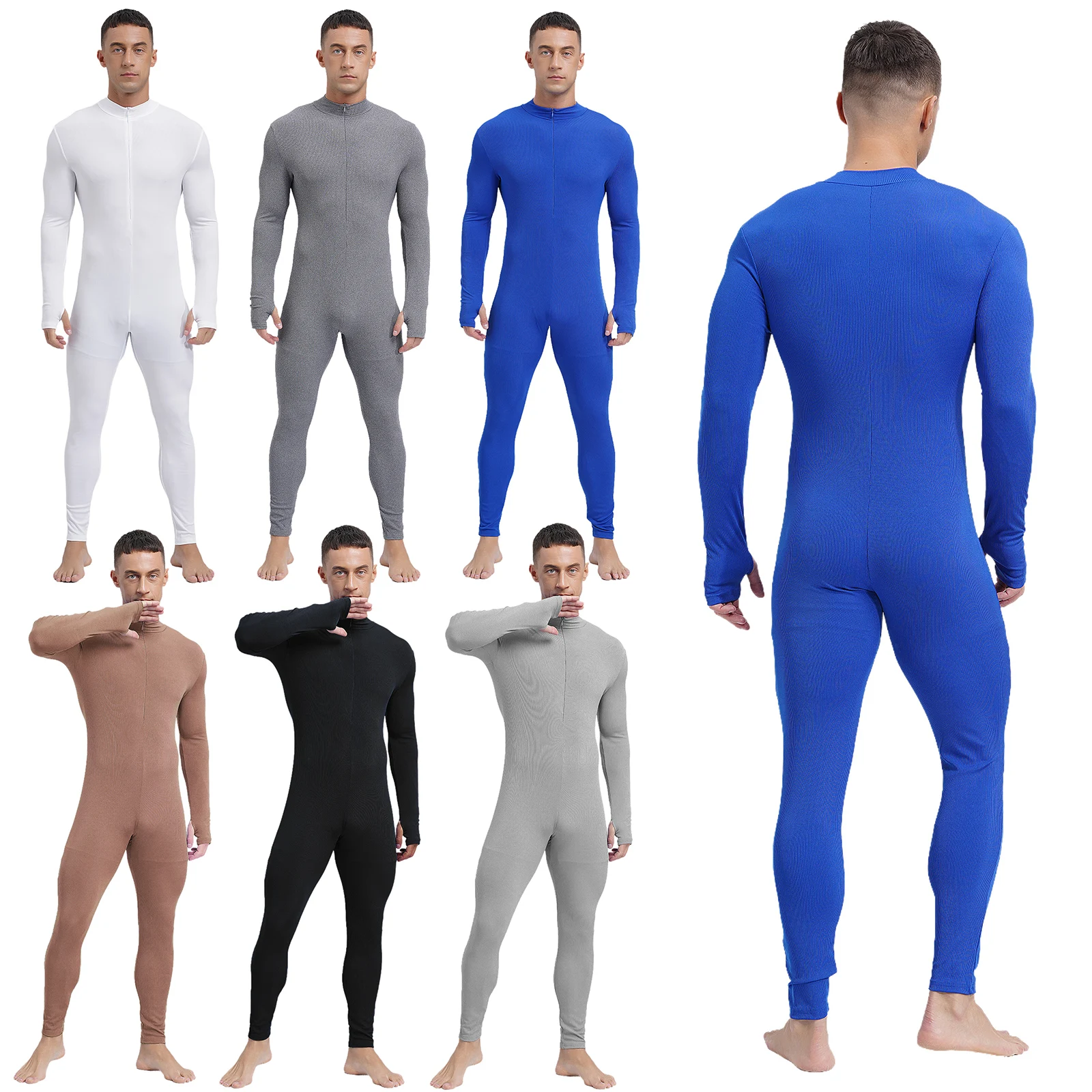 Mens Athletic Dance Jumpsuit Mock Neck Long Sleeve Long Pants Front Zipper Rompers Unitard for Sports Gymnastics Workout Yoga