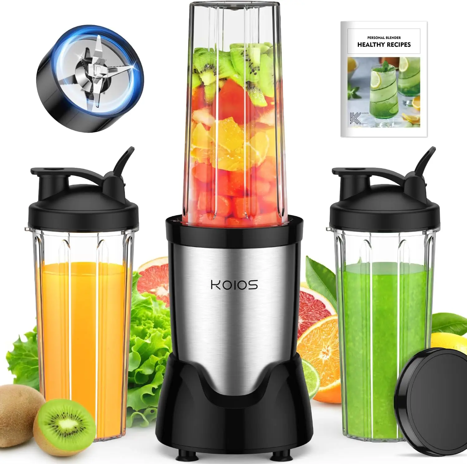 Personal Blender for Smoothies and Shakes with 3 To-Go Cups, 22000 RPM, Detachable Blade, Portable Kitchen Blender in Black