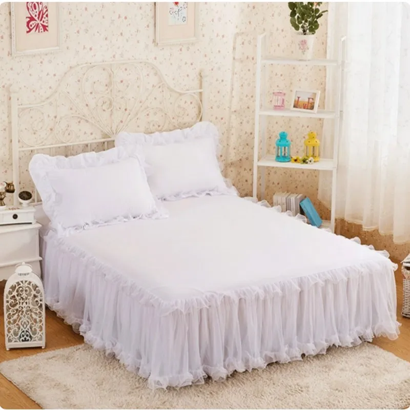 White Lace Ruffles Bedding Bed Skirt Pillowcases Princess Bedspread Solid Color Bedroom Mattress Cover Home Textile