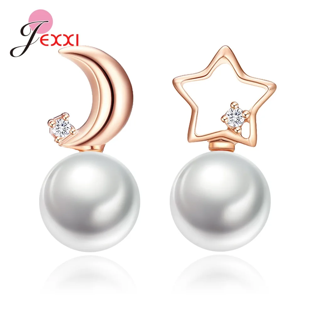 New Genuine 925 Sterling Silver Asymmetry Moon Star Pearl Pendant Drop Dangle Earring For Women Girls Earring Fine Jewelry Gift