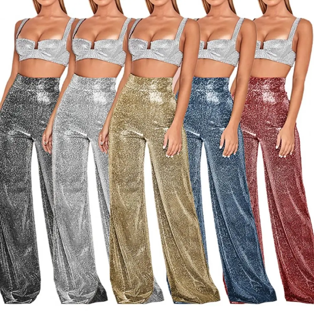 

Блестящие женские брюки с широкими штанинами из глянцевой ткани, с дизайном горячего тиснения, длинные брюки для клубов, на молнии, с эффектом блеска, 80%