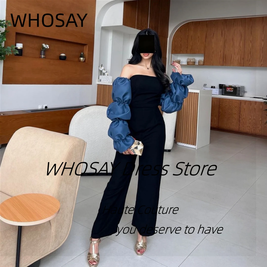 WHOSAY Black Jumpsuits Women Wear Ankle Length Prom Dresses Strapless Customized Long Sleeves Birthday Banquet Evening Party
