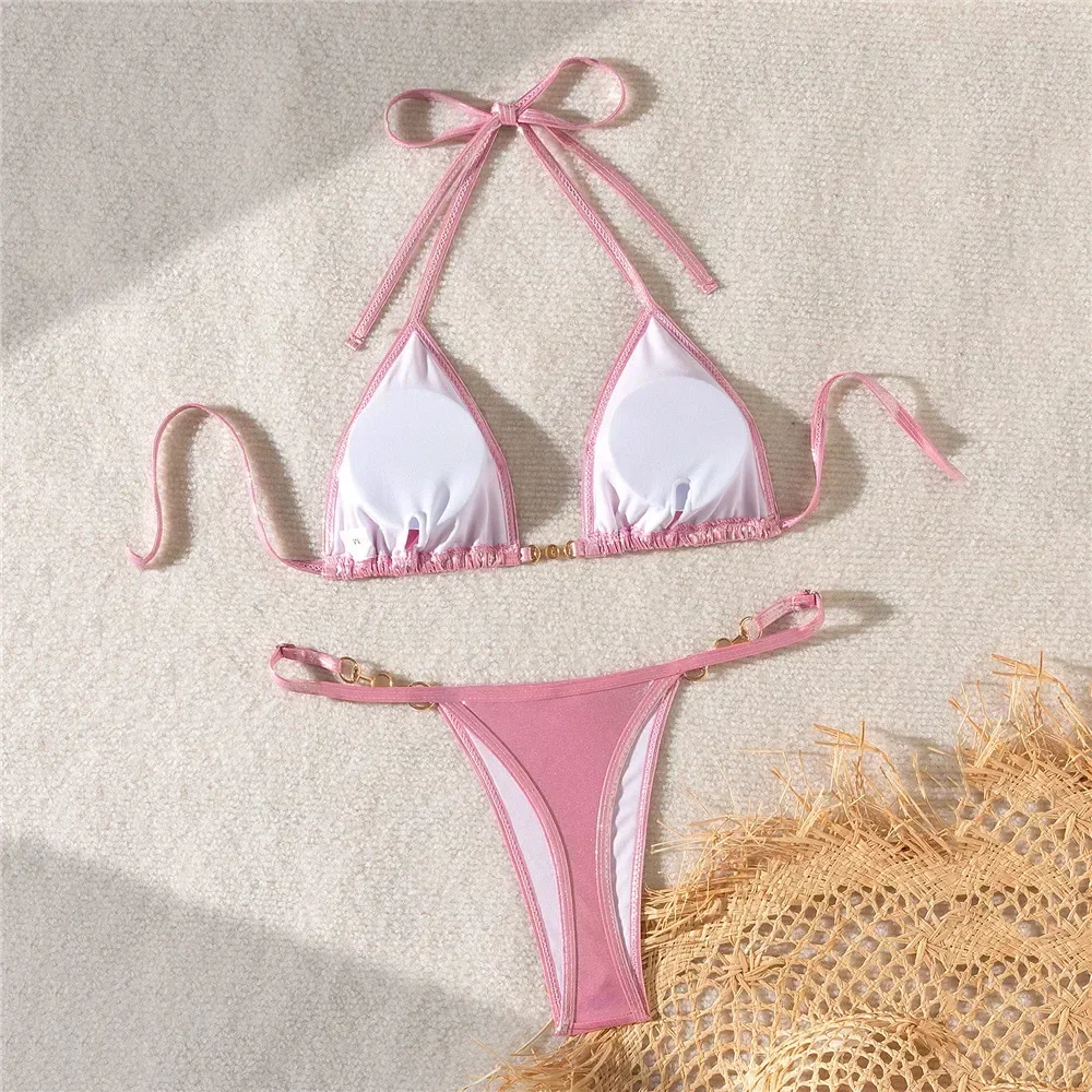 Sexy Pink Shiny Swimwear Halter String Micro Thong Bikinis Set Mujer Triangle Swimsuit Women 2024 Bead Mini Bathing Suit Bather