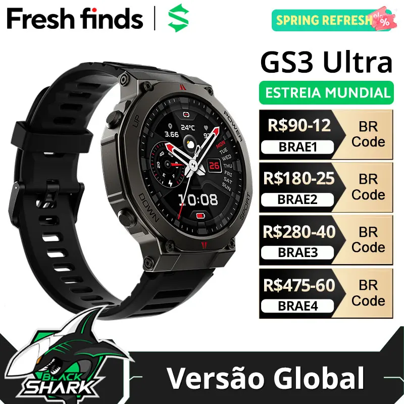 smartwatch BlackShark GS3 Ultra GPS de dupla frequência 5ATM e IP69K, AMOLED, Gorilla Glass 60Hz 18 dias de Bateria