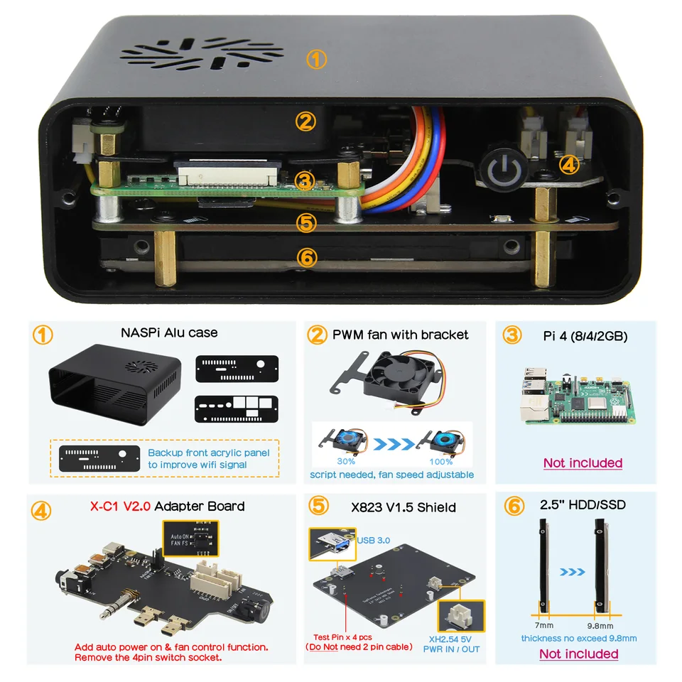 Raspberry Pi 4モデルb,naspi,2.5インチ,sata hdd/ssd,シールド,金属