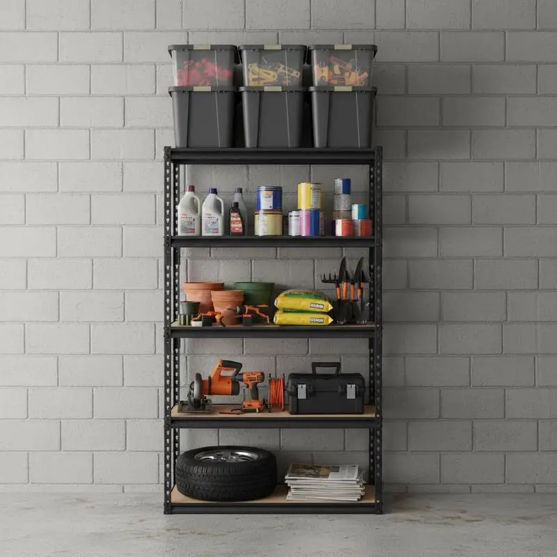 Metal Utility Rack 16"D x 36"W x 71.4"H For Garage Kitchen Warehouse, 2000 lbs Capacity 5 Tier Adjustable Shelving Units Heavy Duty Organization Storage Solution Black Multi-level Industrial Grade Steel Design Base Optimization Adjustable Shelf Heigh