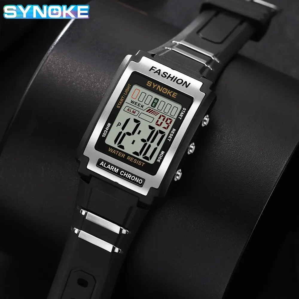 SYNOKE Men Rectangular Sports Electronic Watch Waterproof 50M Night Light Large Screen Alarm Clock Trend Retro Style