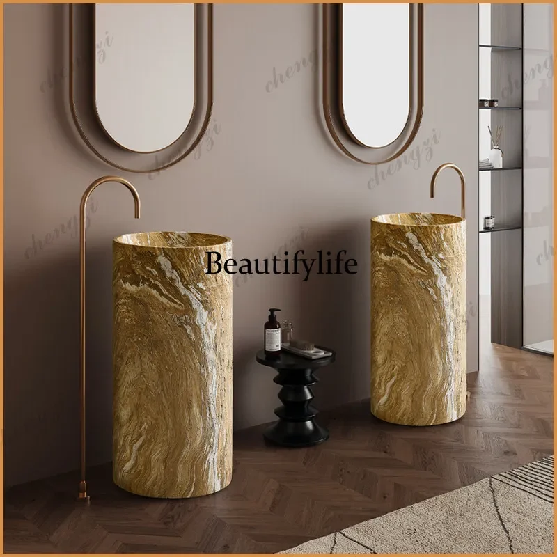 NQ52  medieval style wabi sandy wind marble floor-to-ceiling wash basin hotel homestay bathroom wash table column basin