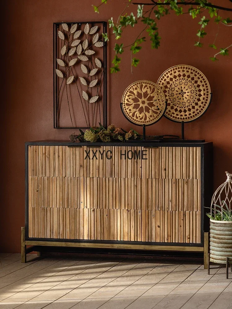 American Retro Home Entrance Cabinet Quiet Style Living Room Wall Carved Curio Cabinet B & B Villa Solid Wood Sideboard