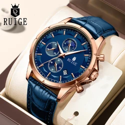 RUIGE New Multi functional Men's Quartz Watch Authentic Leather Glow Trend Men's Watch Waterproof Blue Men's Watch