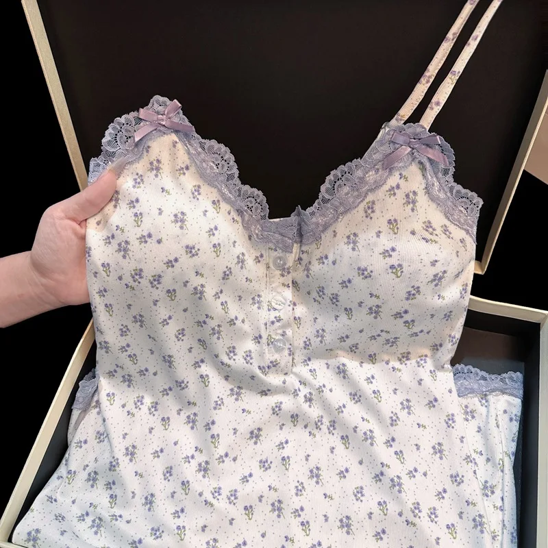 Sexy Cute New Floral Lace Short Split Camisole Night Dress With Built In Chest Pads Women Intimate Sleepwear Home Wear
