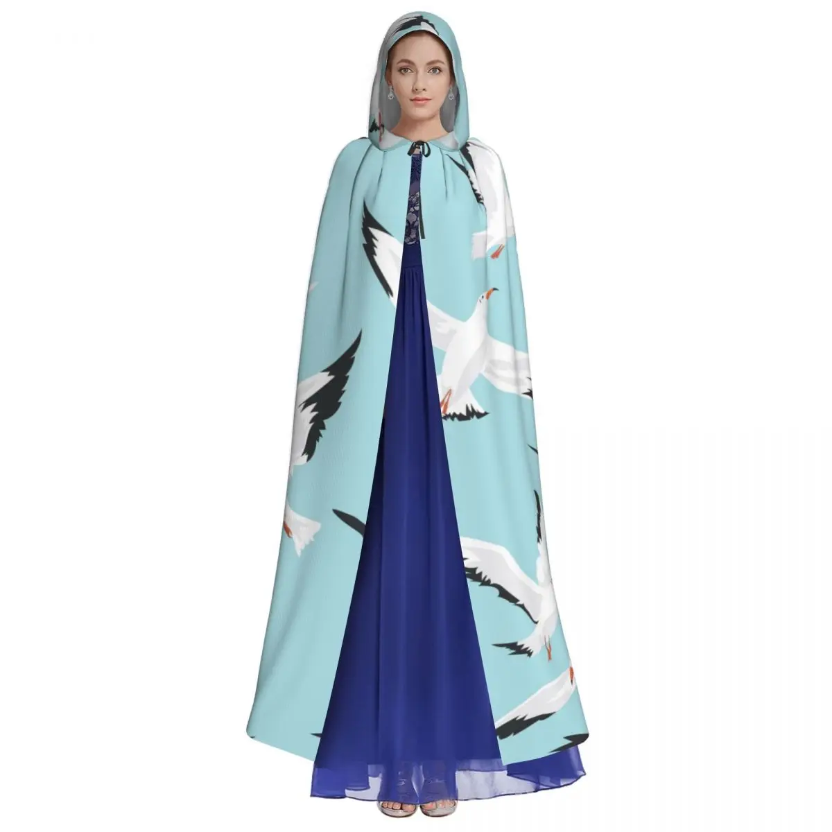 Seamless Pattern Seagulls Flying Blue Sky Background Hooded Cloak Polyester Unisex Witch Cape Costume Accessory