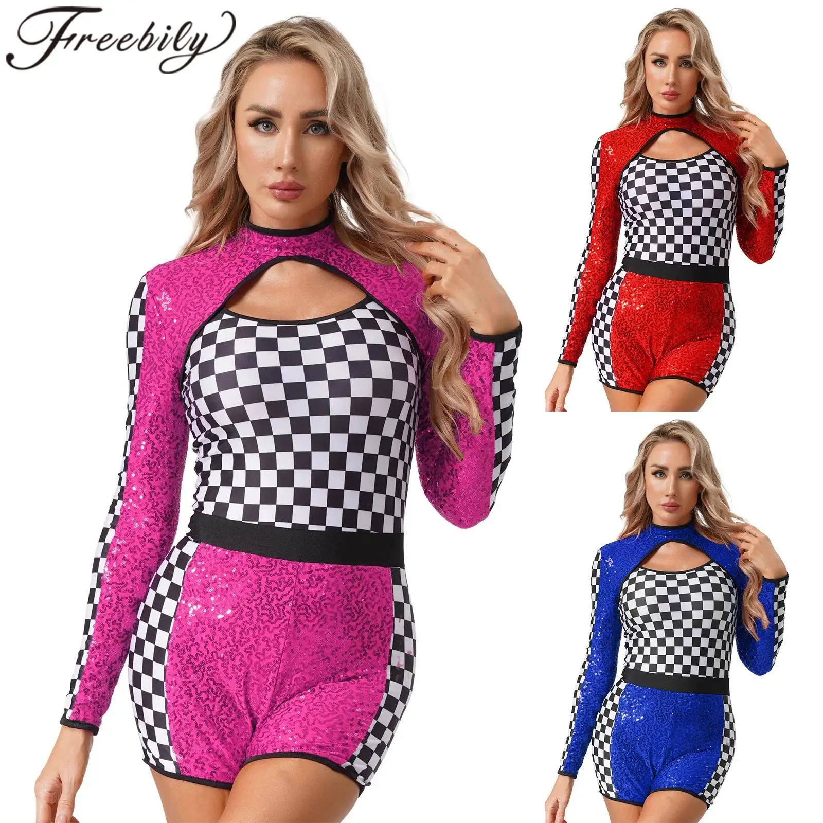 

Костюм водителя гоночной машины для взрослых, комбинезон в шахматном порядке, женский карнавальный костюм на Хэллоуин, косплей, гоночный комбинезон с блестящими пайетками