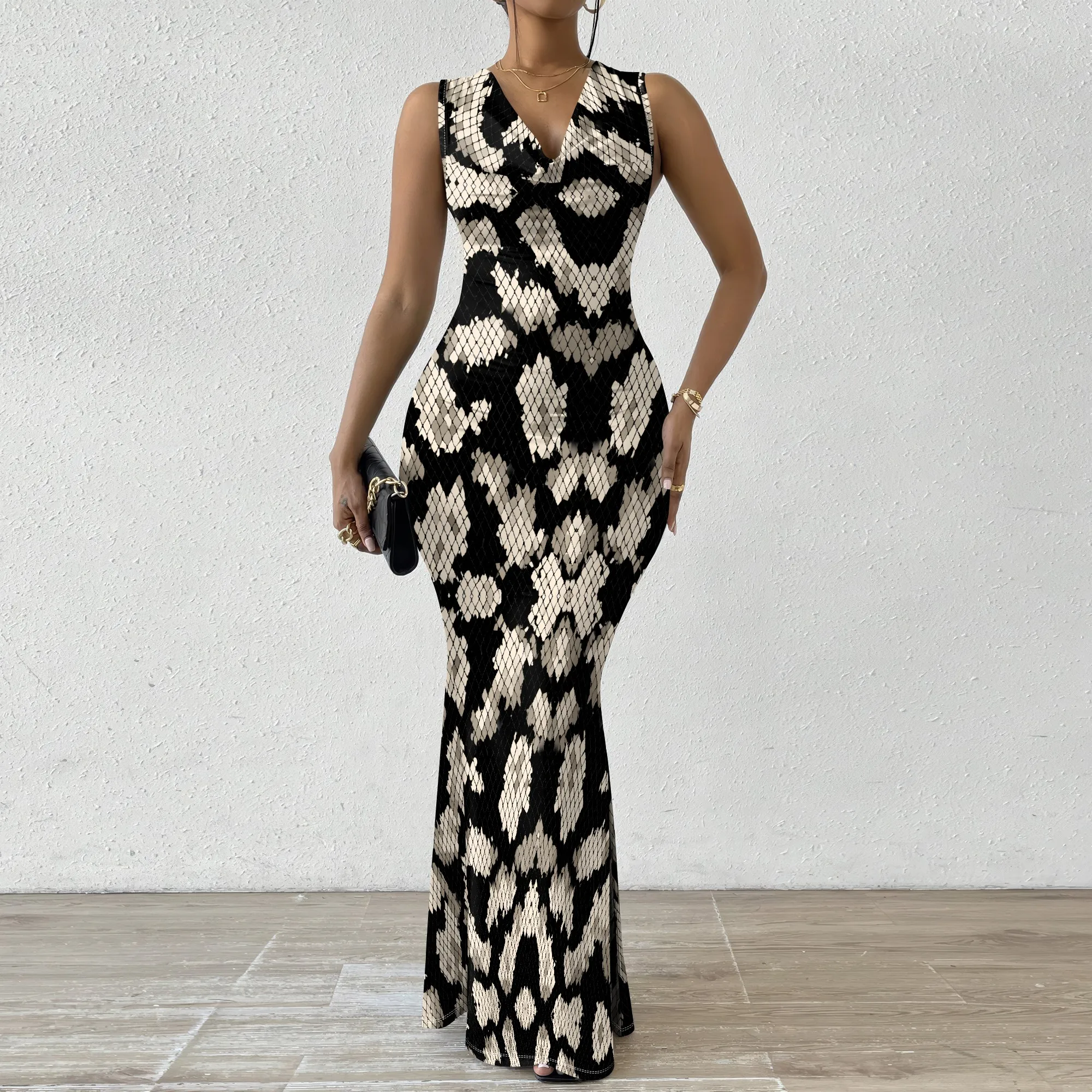 

Snake Print Mermaid Maxi Dress XS‑2XL Sleeveless Draped Neck Style for Night Out, Cocktail Party or Afro Street Fashion Look