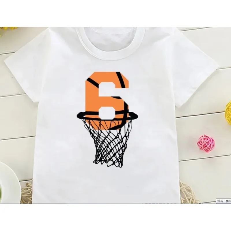 Camisetas divertidas con números de cumpleaños de baloncesto para niños, camisetas con estampado de disparos en la red, Top para niños